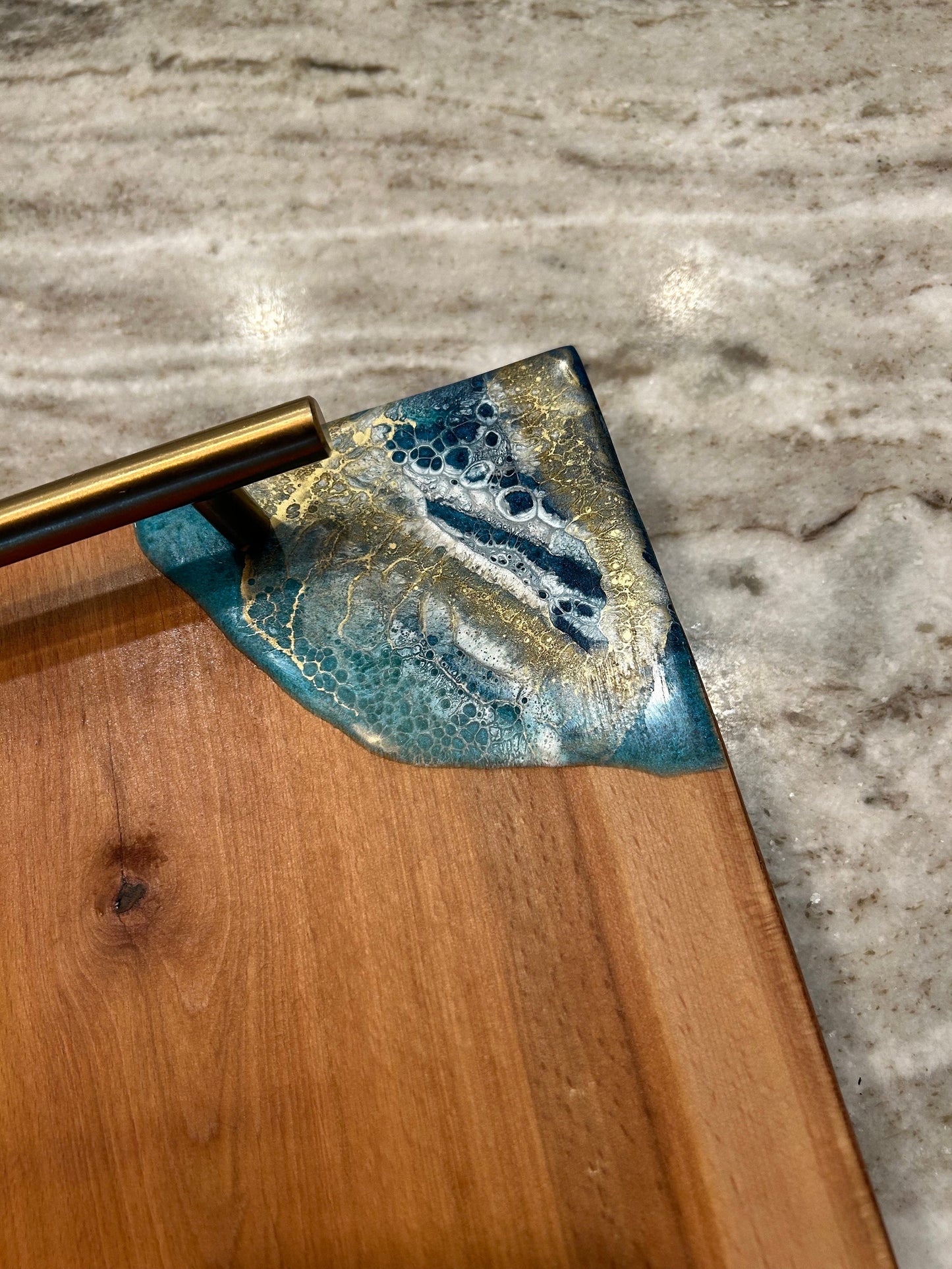 Cherry Wood Charcuterie Board with Gold Handles and resin accent