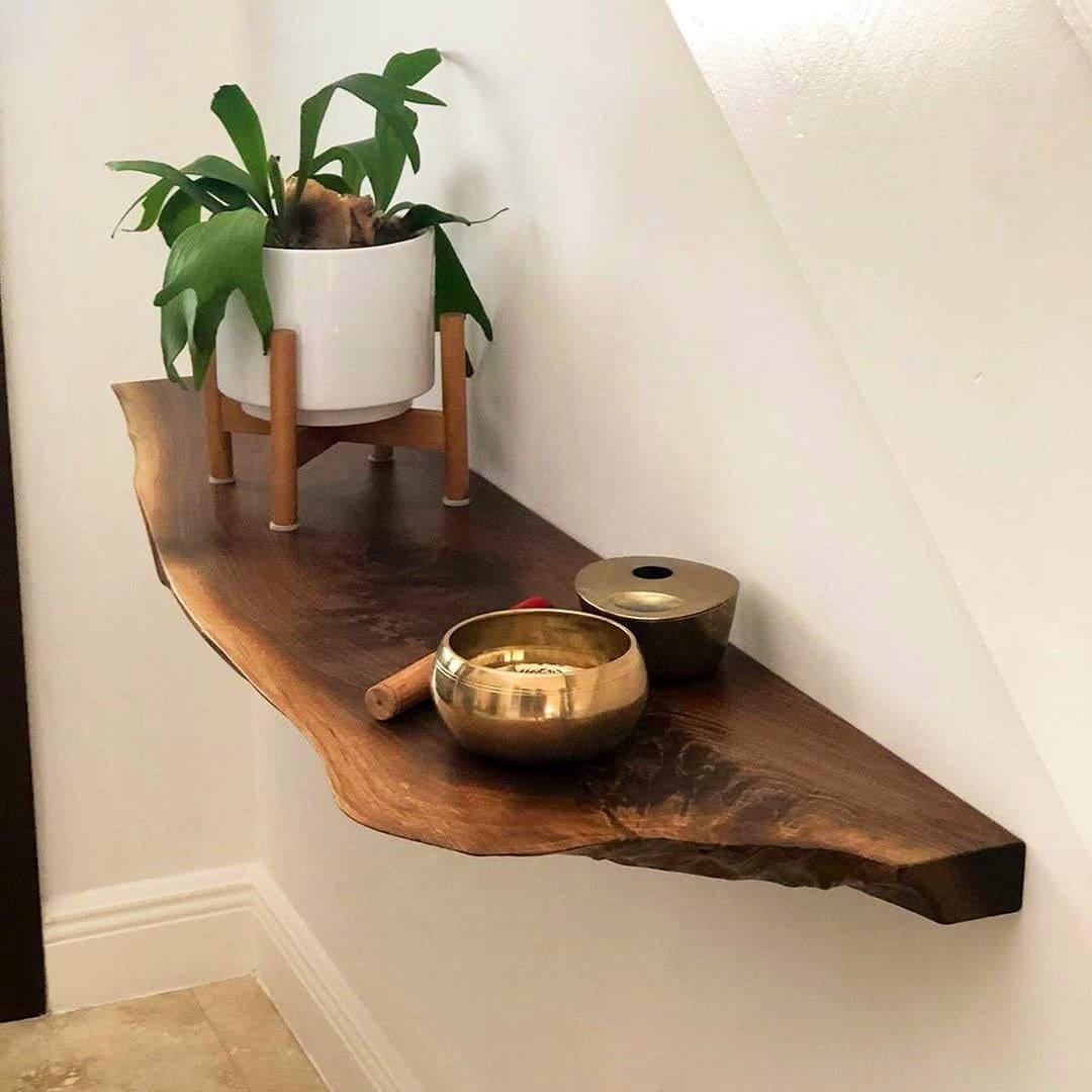 Live Edge Shelf / Mantel Slimline | Black Walnut | Black steel brackets included