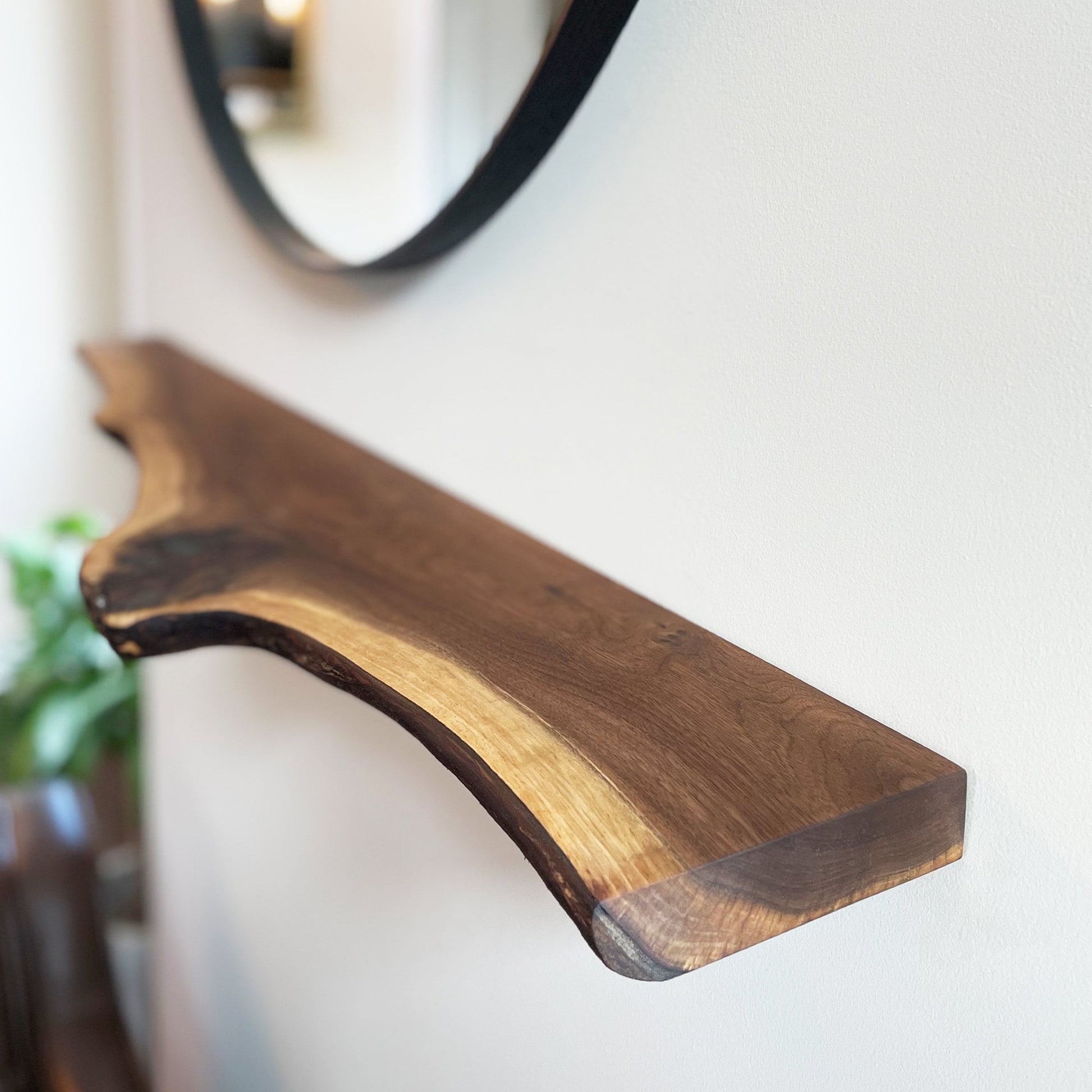 Live Edge Shelf / Mantel Slimline | Black Walnut | Black steel brackets included