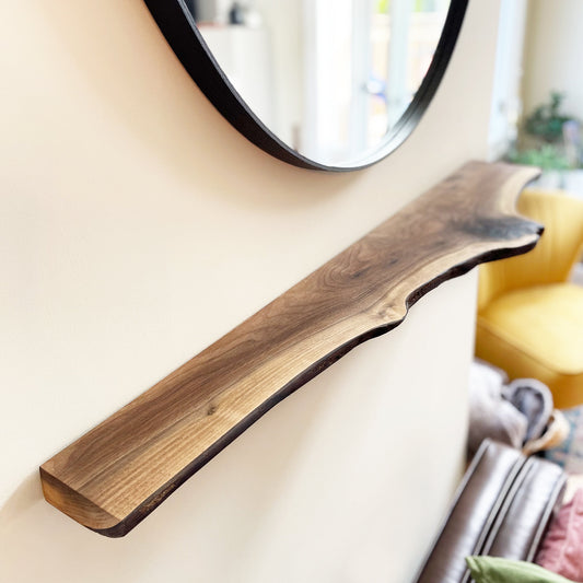 Live Edge Shelf / Mantel Slimline | Black Walnut | Black steel brackets included