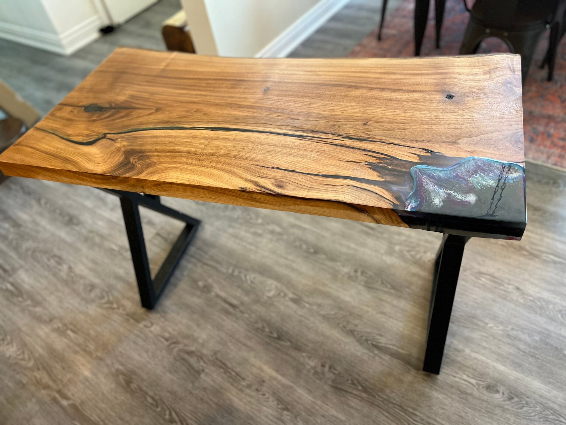 Rare white walnut table with resin accent