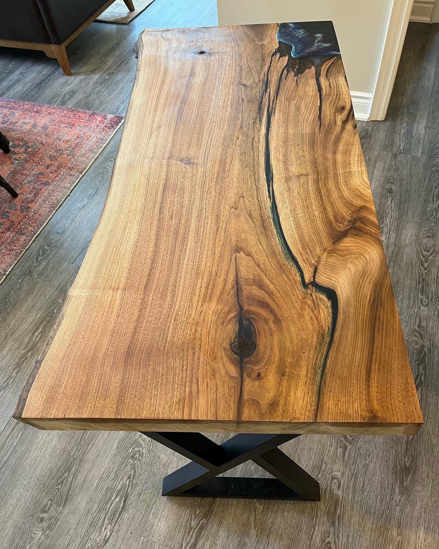 Rare white walnut table with resin accent