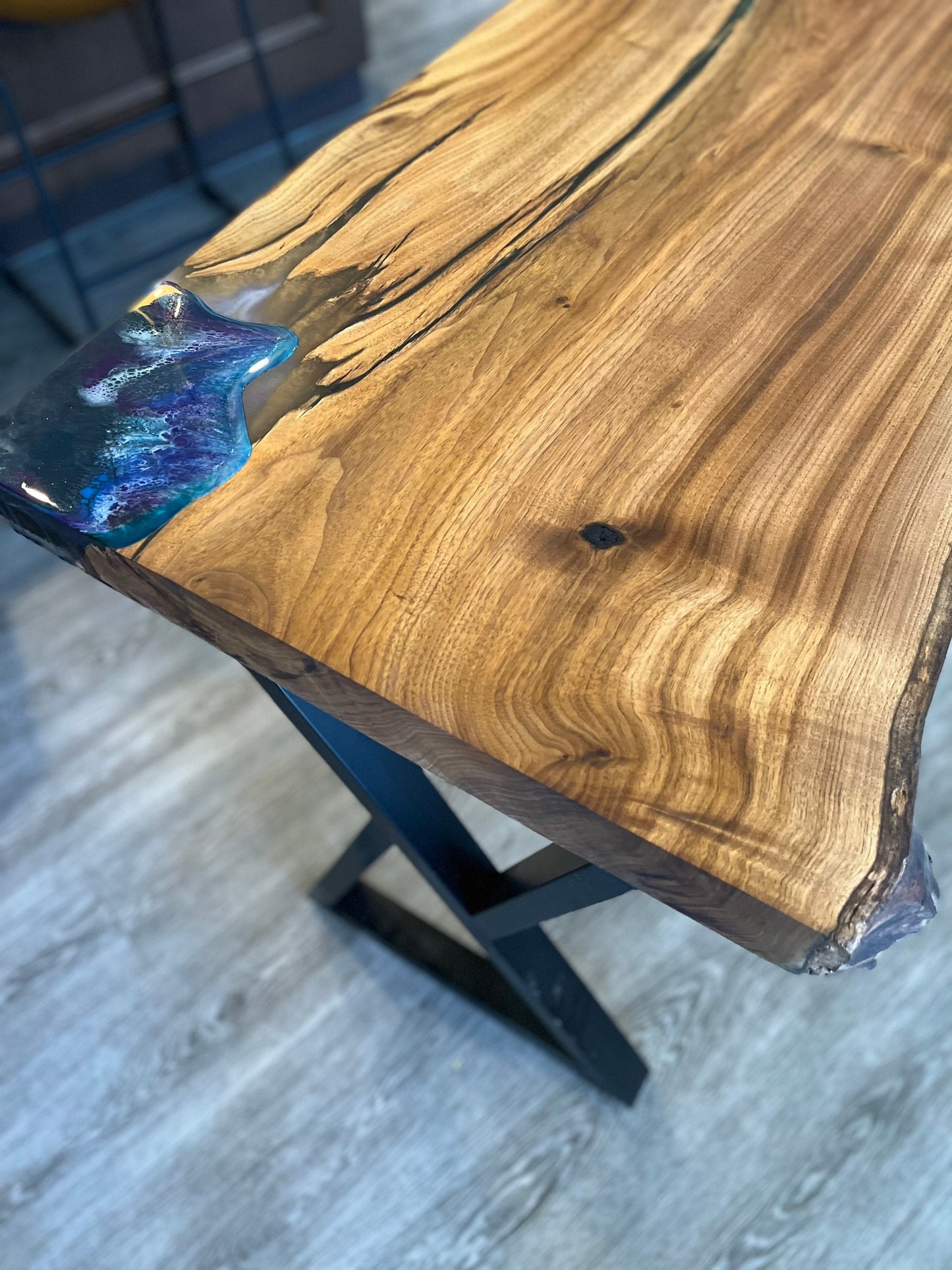 Rare white walnut table with resin accent