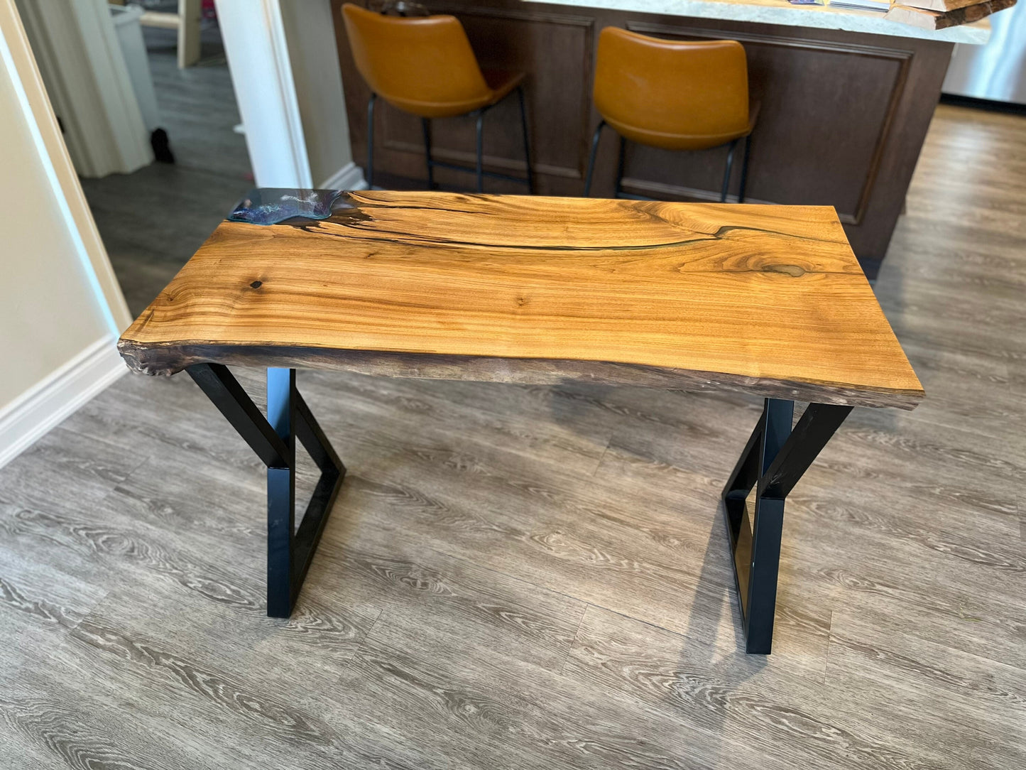 Rare white walnut table with resin accent