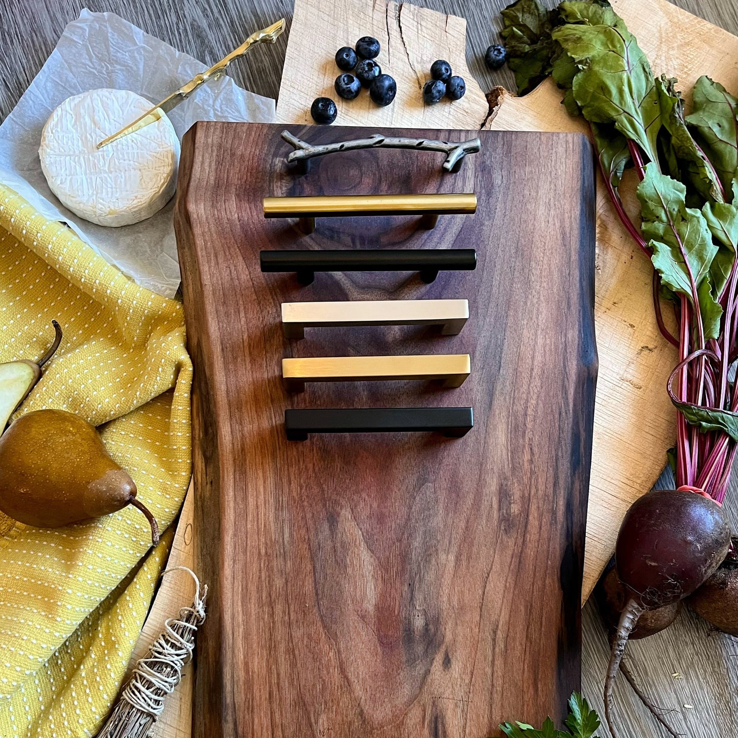 Large live edge walnut charcuterie board with handles