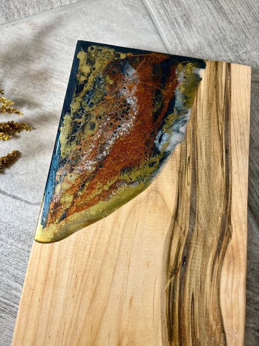 Thick maple charcuterie/ cutting board with marbled gold bronze blue resin accent