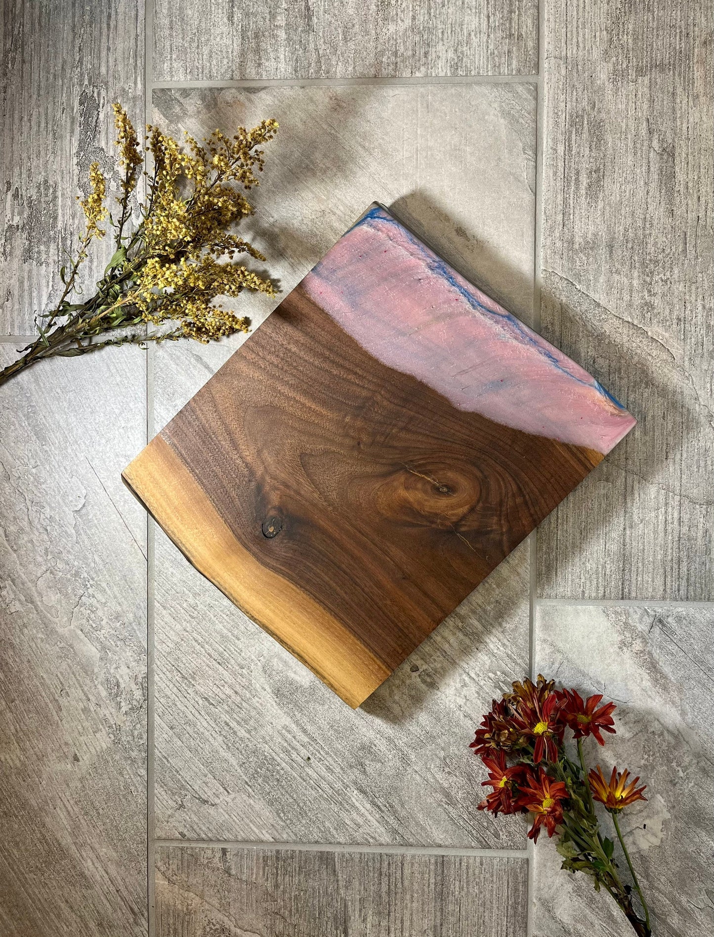 Walnut Charcuterie with pink resin accent