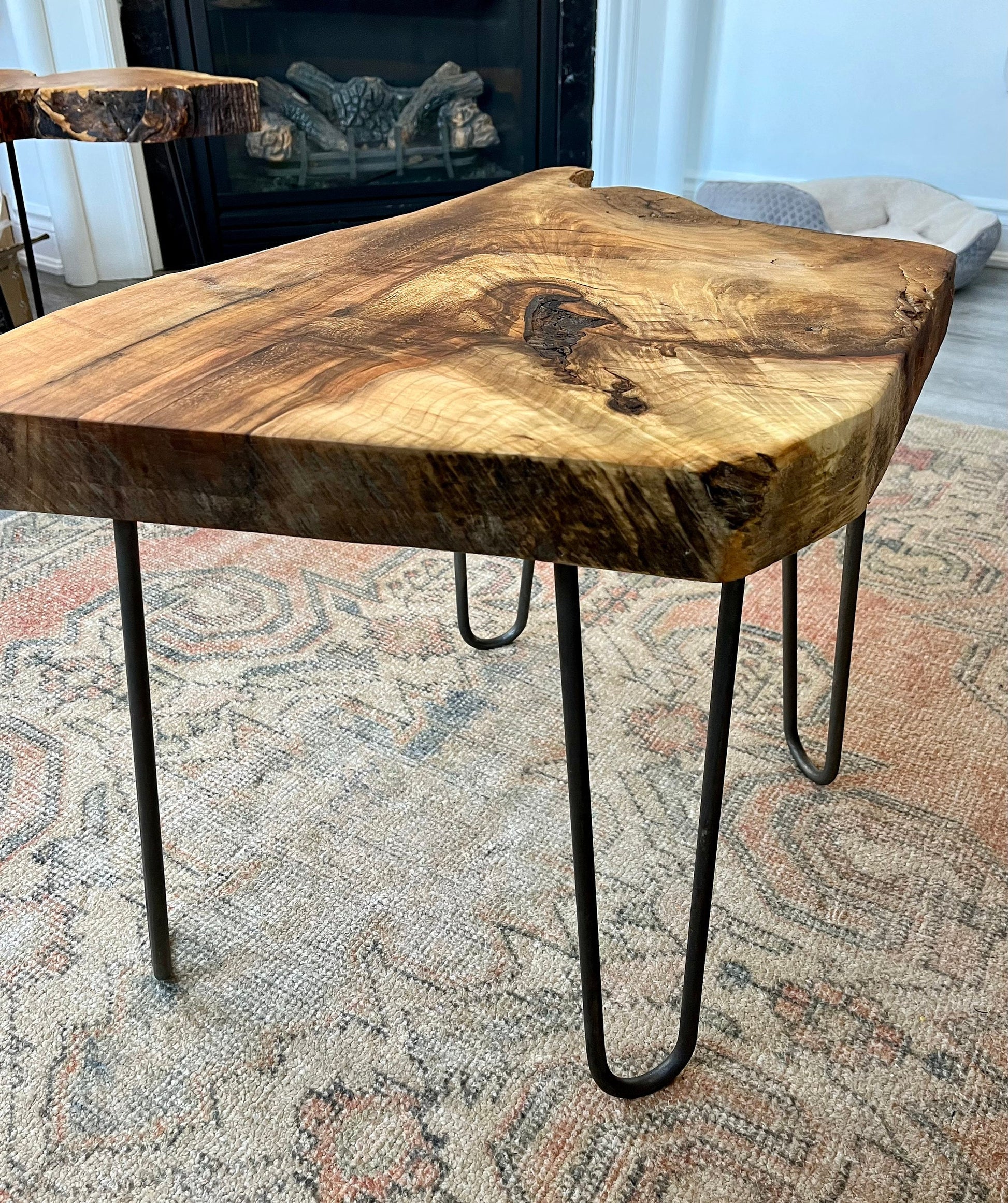 Silver Maple Rustic Coffee Table with Raw Iron Legs