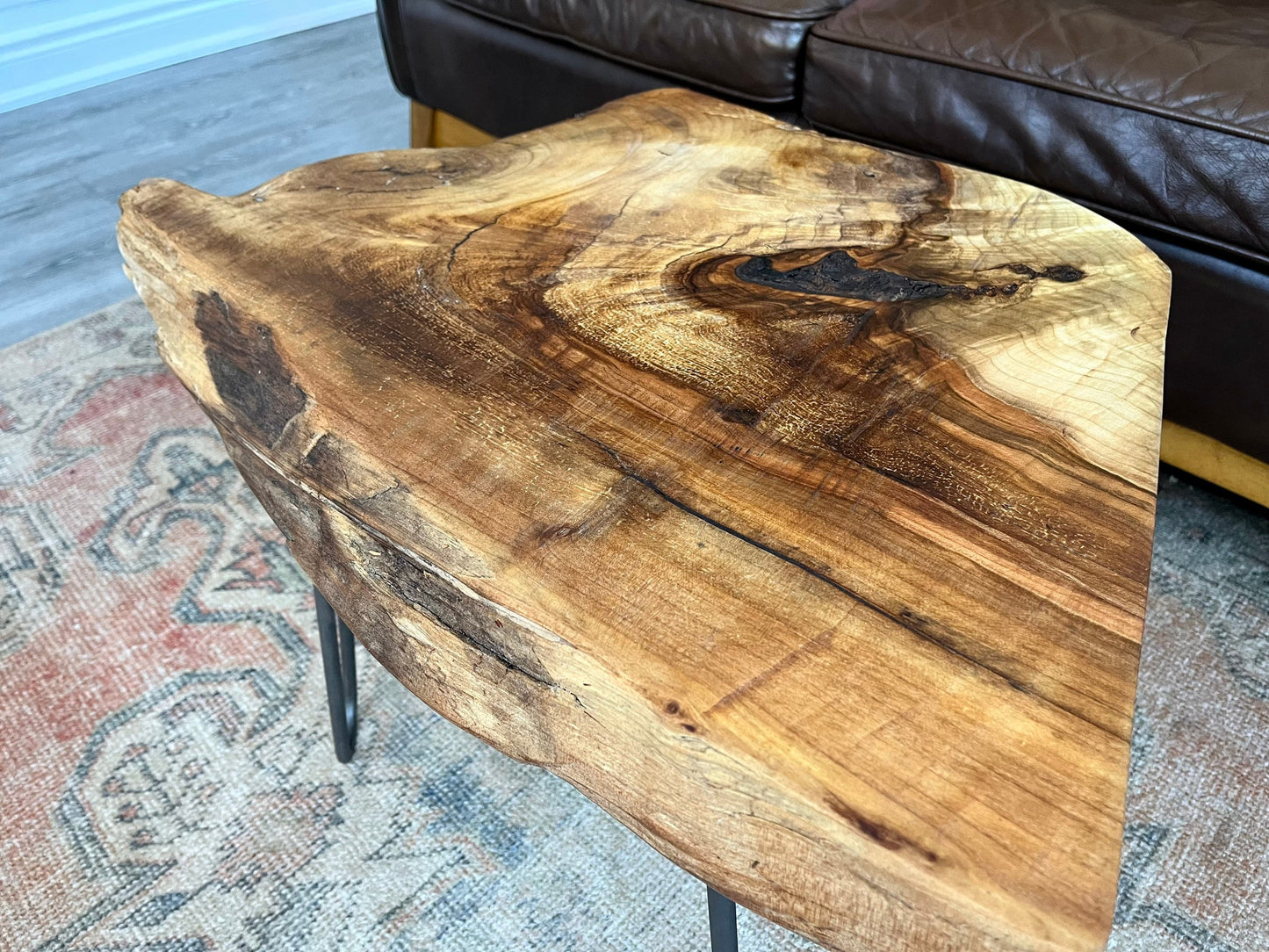 Silver Maple Rustic Coffee Table with Raw Iron Legs