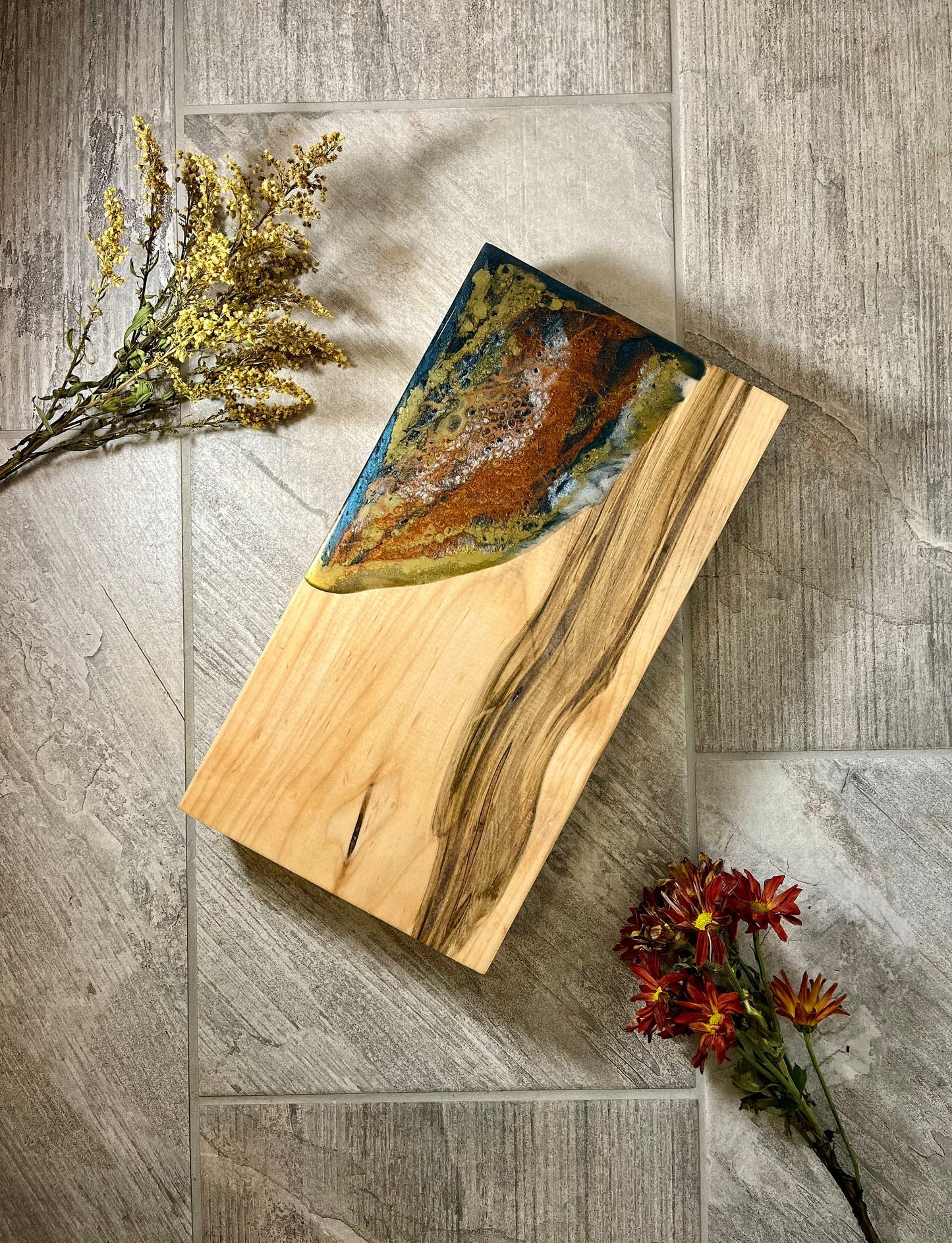 Thick maple charcuterie/ cutting board with marbled gold bronze blue resin accent