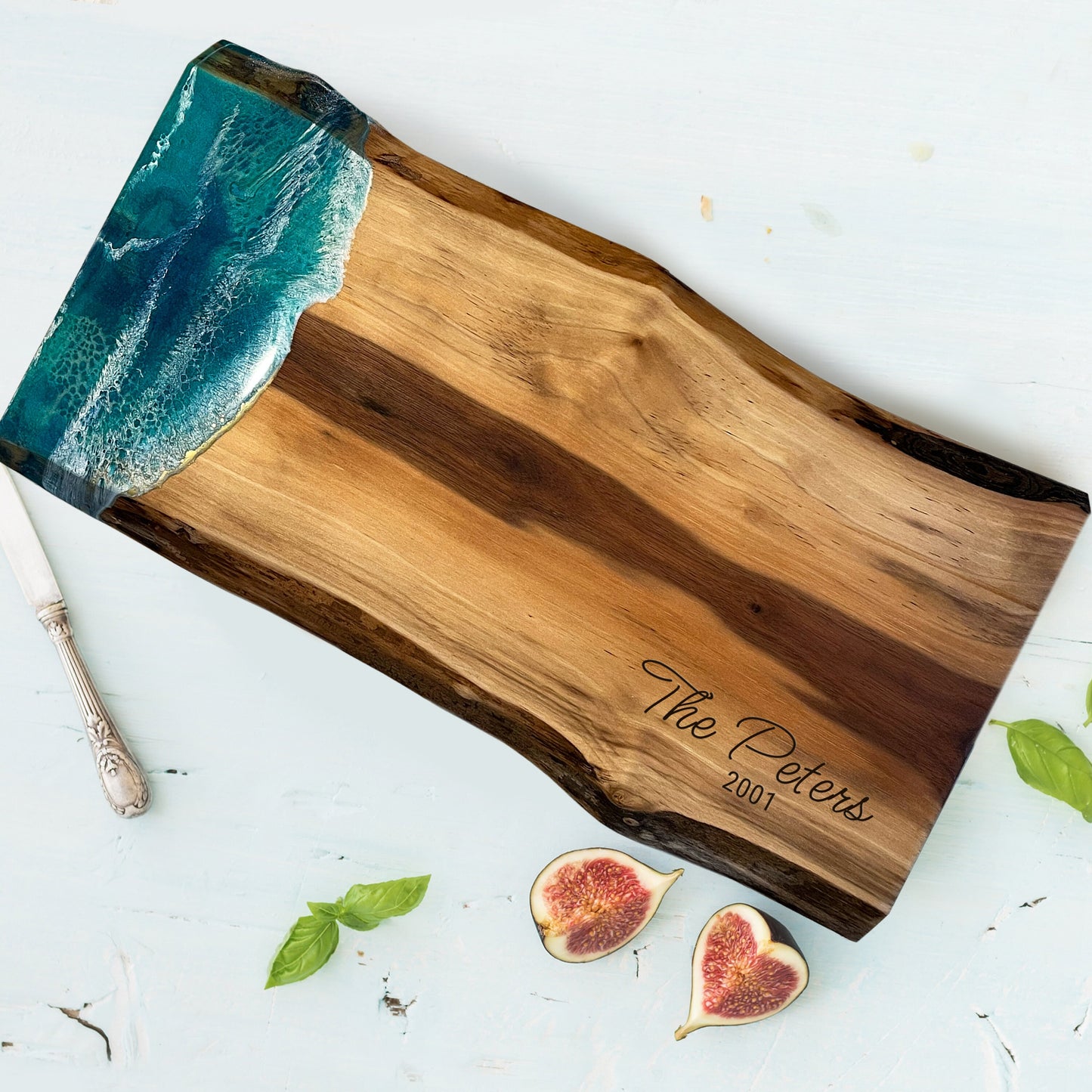 Live Edge Personalized Walnut Charcuterie Boards with Resin Accent