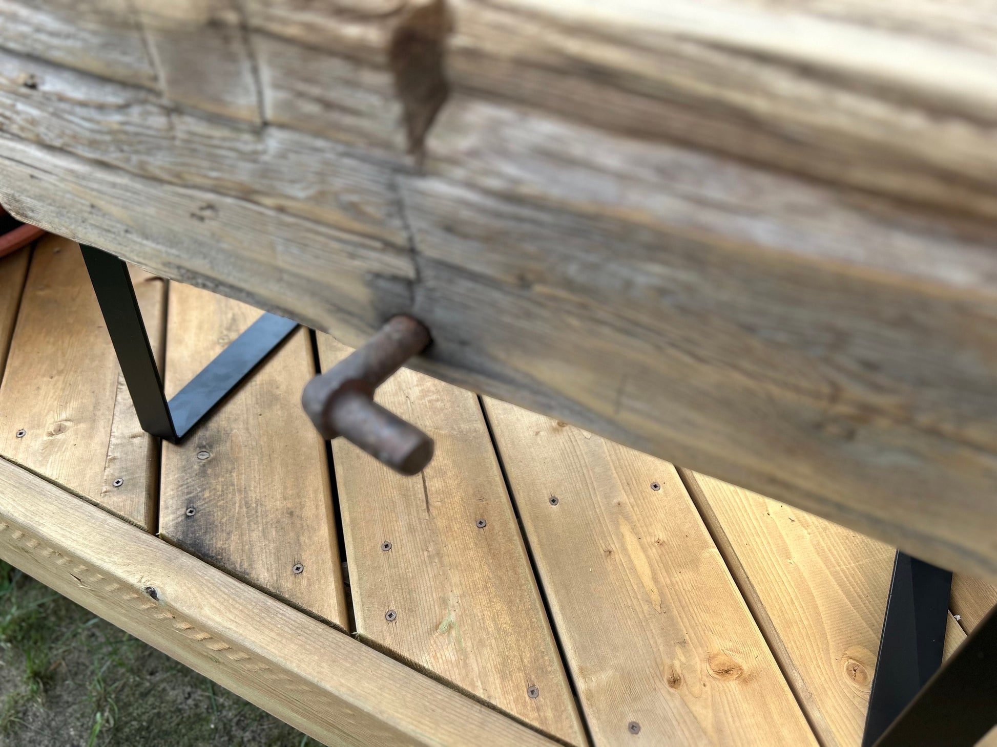 Authentic Barn Beam Bench, 100 year old wood, steel legs