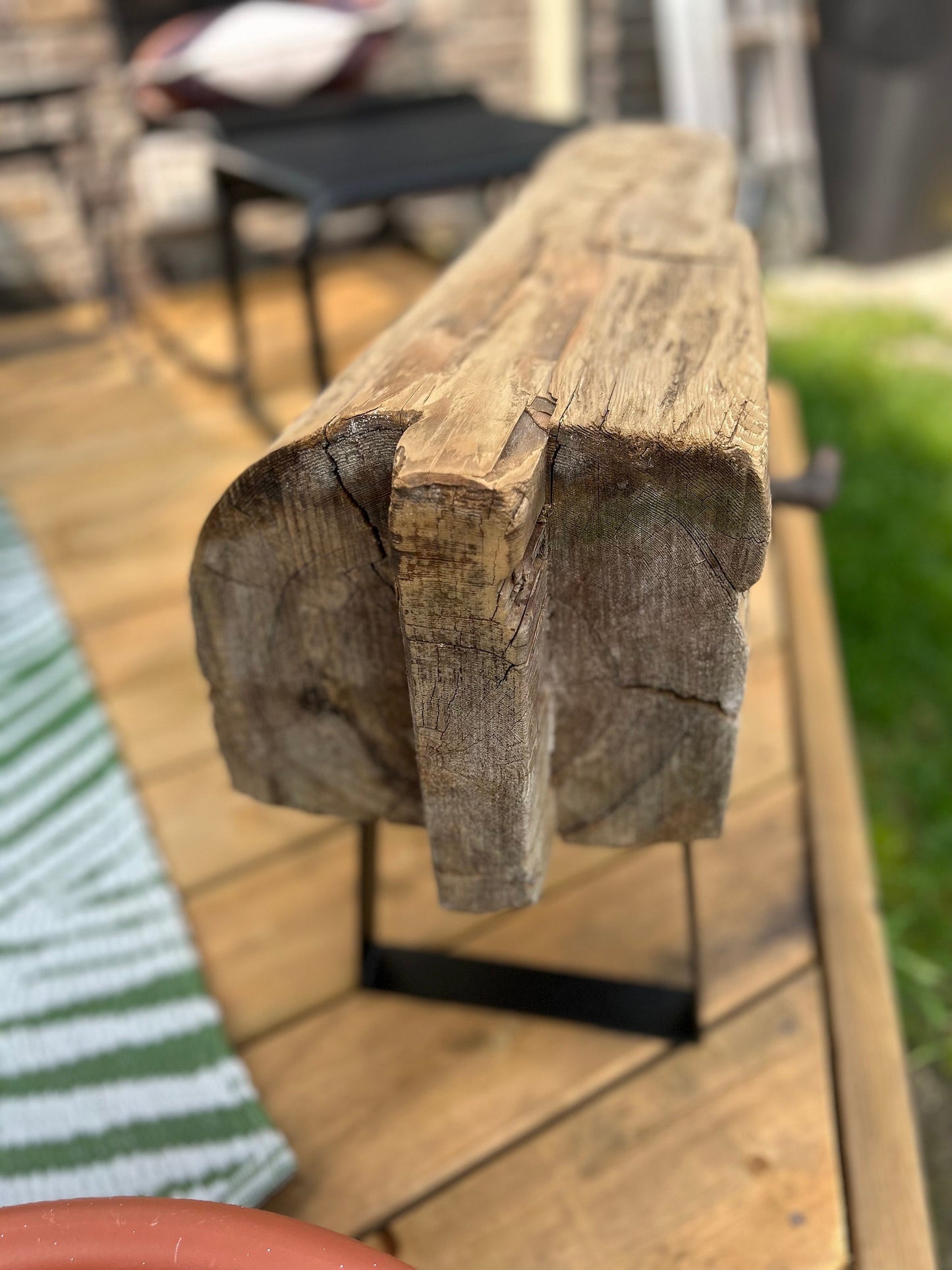 Authentic Barn Beam Bench, 100 year old wood, steel legs