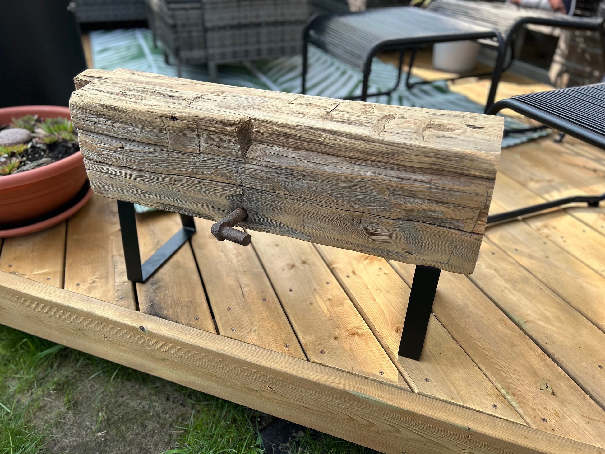 Authentic Barn Beam Bench, 100 year old wood, steel legs