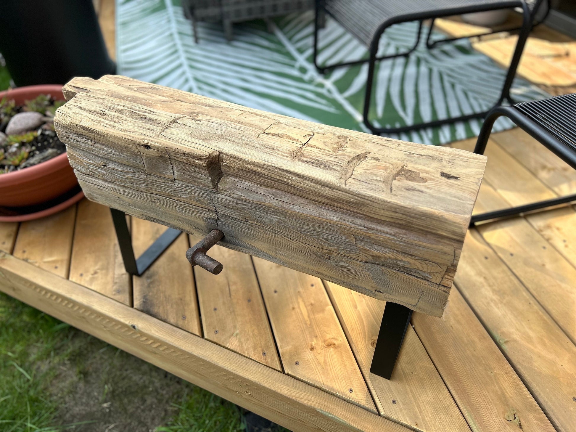 Authentic Barn Beam Bench, 100 year old wood, steel legs