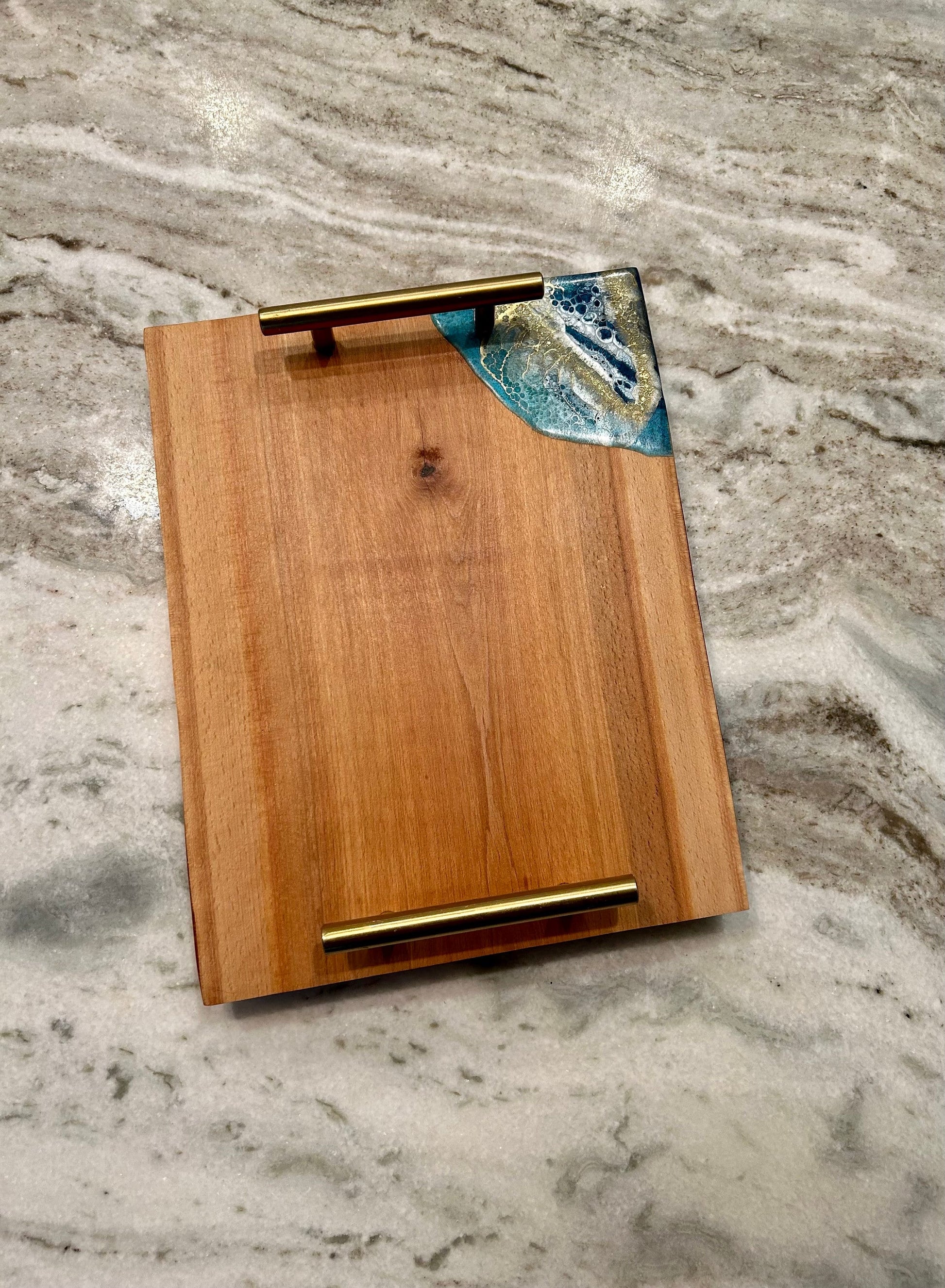 Cherry Wood Charcuterie Board with Gold Handles and resin accent