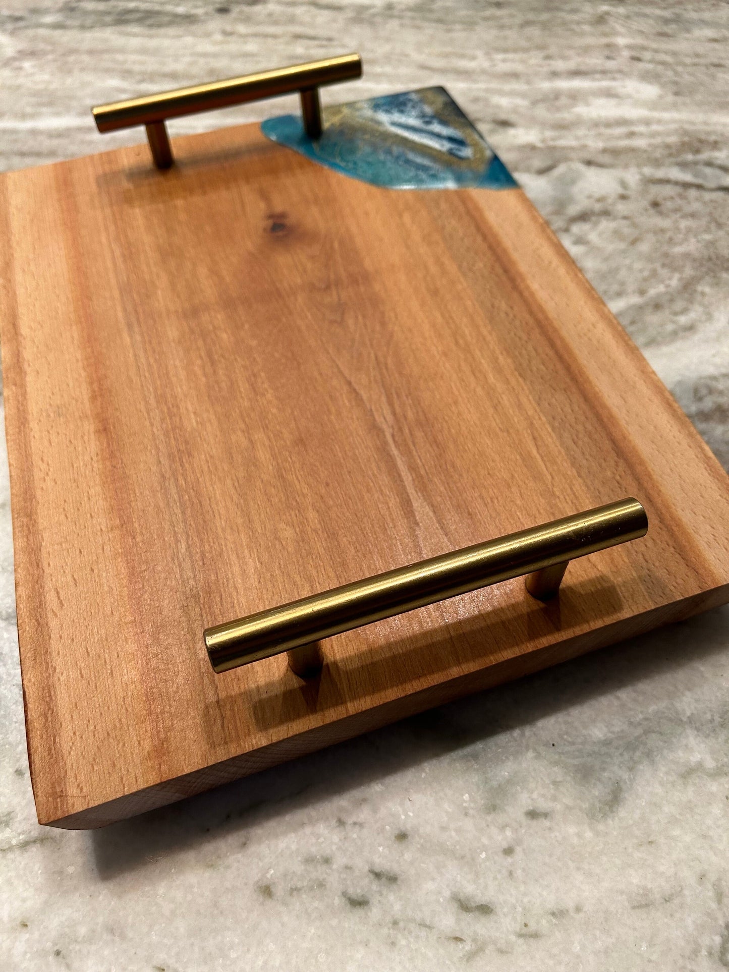 Cherry Wood Charcuterie Board with Gold Handles and resin accent